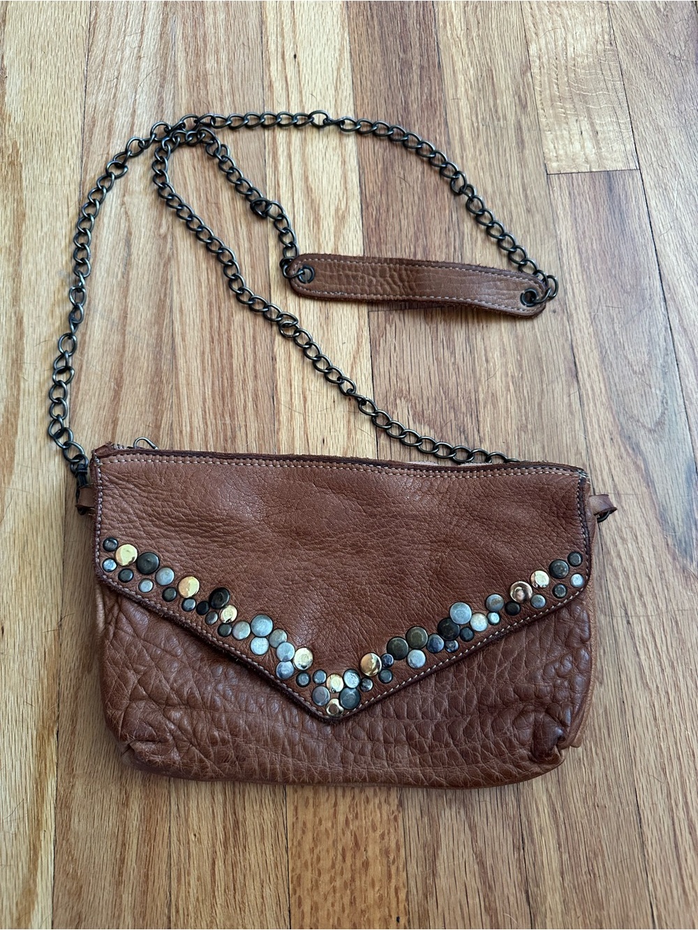 Genuine Leather Mix Metal Studded Crossbody Bag